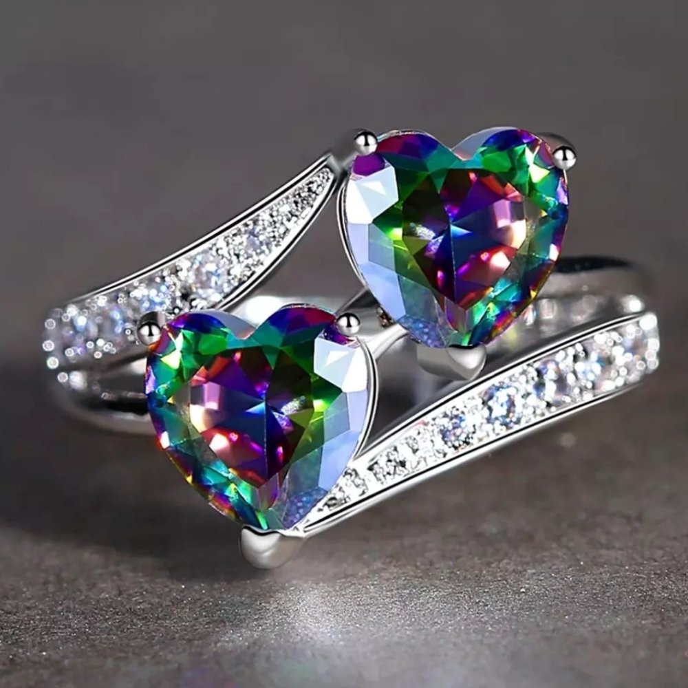 Rainbow Cubic Zirconia Heart Silver Ring